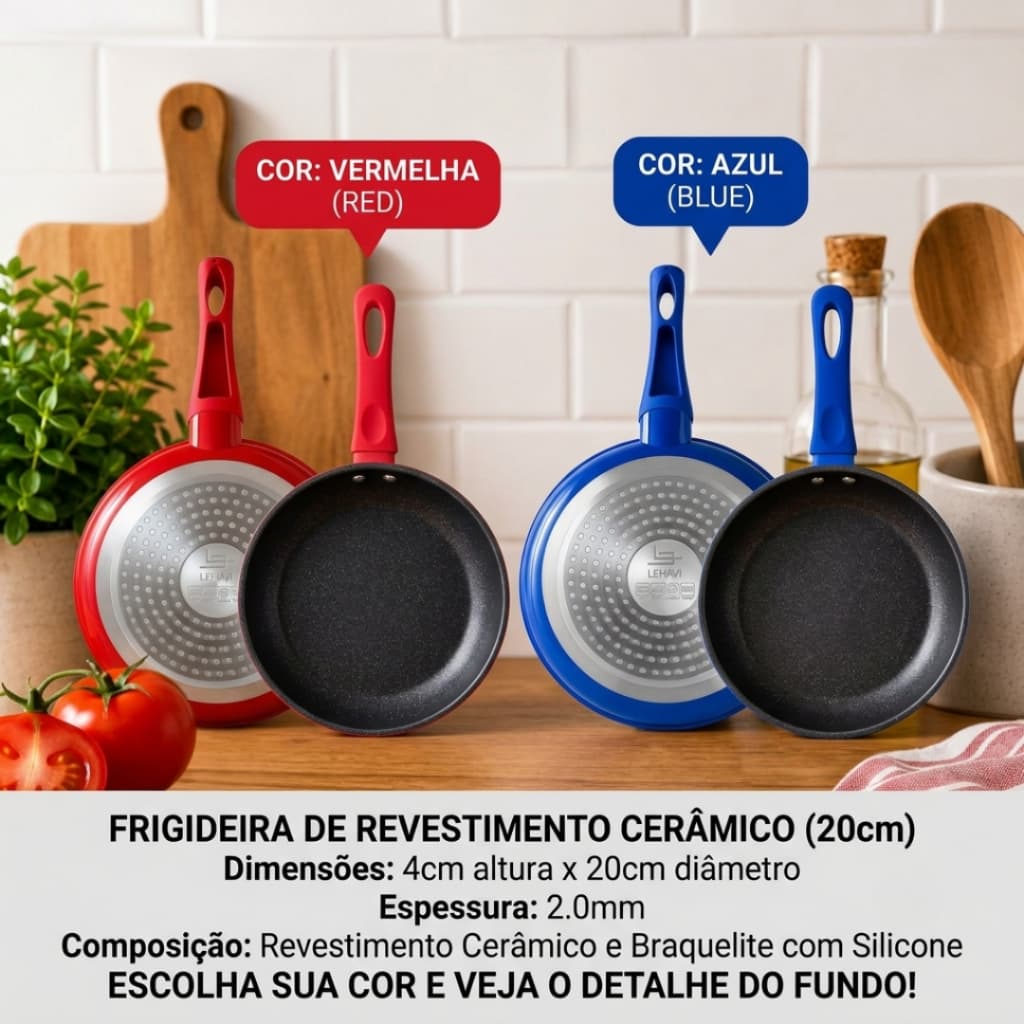 Frigideira Antiaderente Nanocerâmica 20cm resistente Fogão Indução Vermelha ou Azul