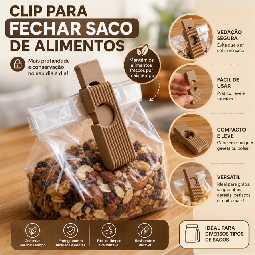 Kit 4, 8 ou 12 Clipes Fecha Saco Reutilizável | Prendedor de Embalagens para Café, Biscoitos, Grãos e Alimentos