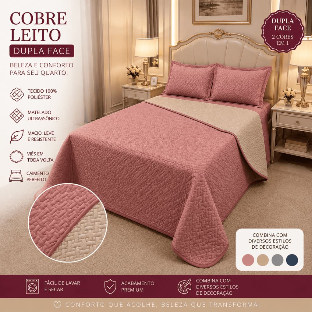 COLCHA DUPLA FACE Cobre Leito 2 em 1 | Conforto, Qualidade Premium, Macio, Resistente e Elegante, com Viés em Toda Volta