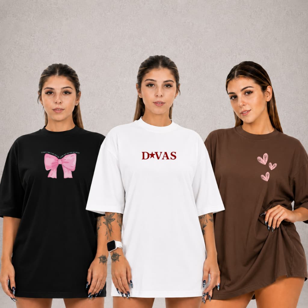 Kit 3 Camisetas Blusa Feminina Plus Estanpa Divas T- Shirt 100% algodão Premium Conforto Moda