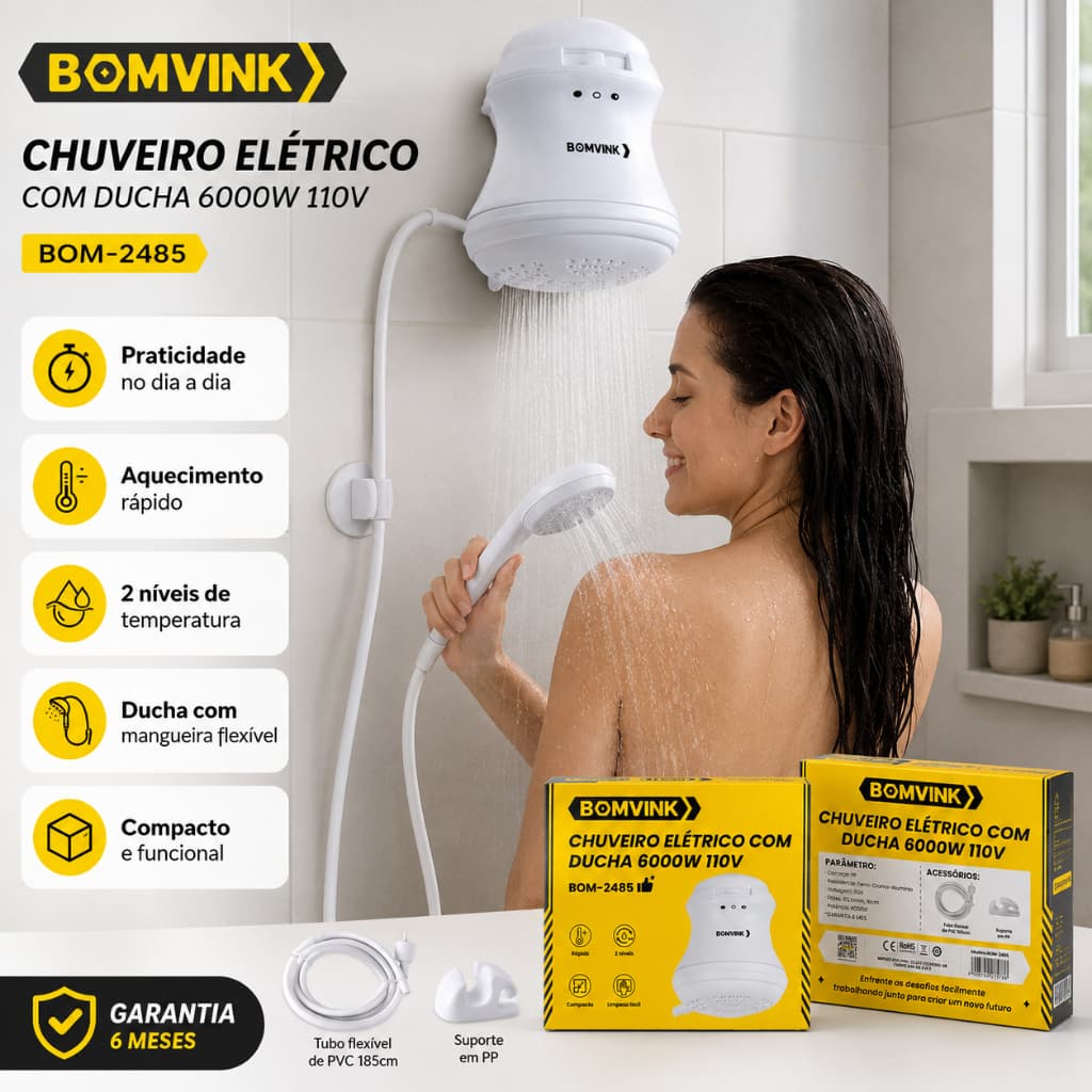 Chuveiro Completo Bomvink 6000W 110V Branco Com Ducha Manual E Mangueira Flexível