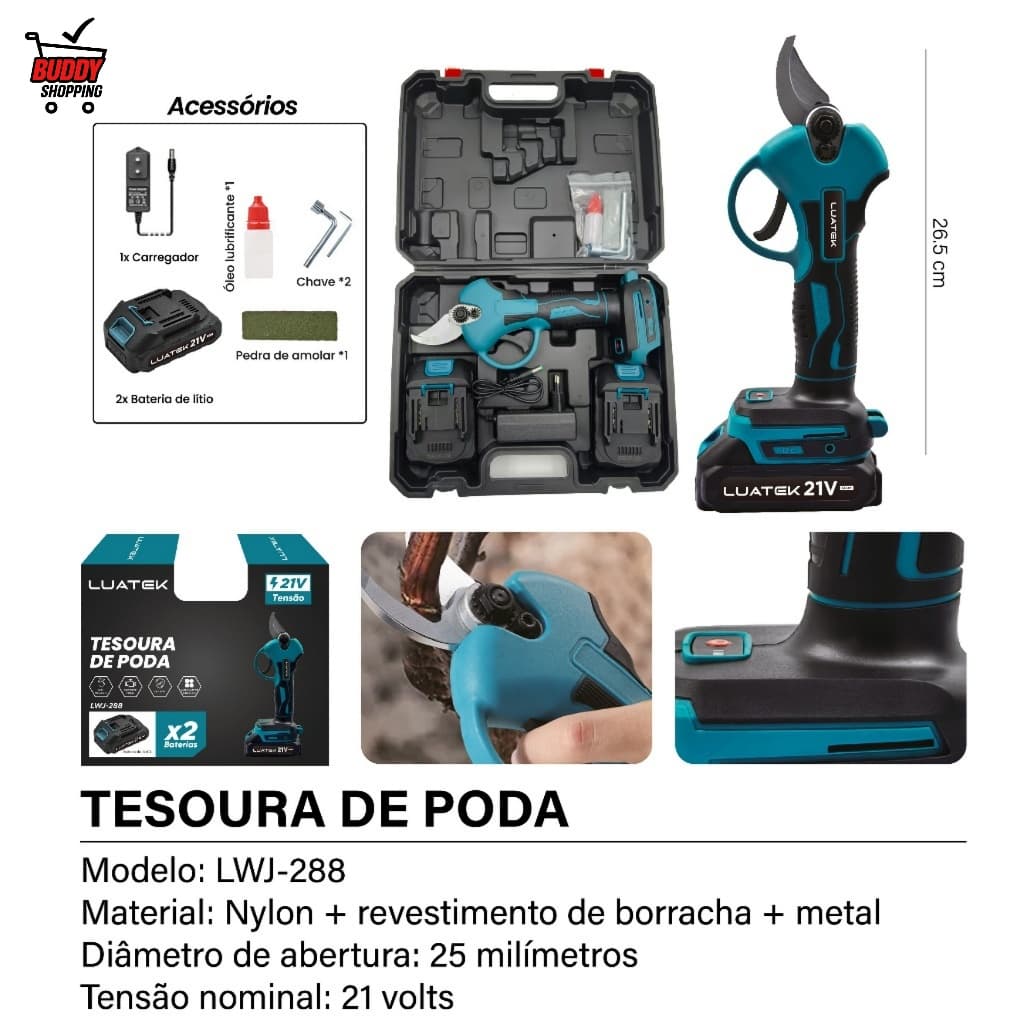Tesoura de Poda Elétrica 21V Bateria Bivolt 25mm Kit Completo com 2 Baterias Maleta