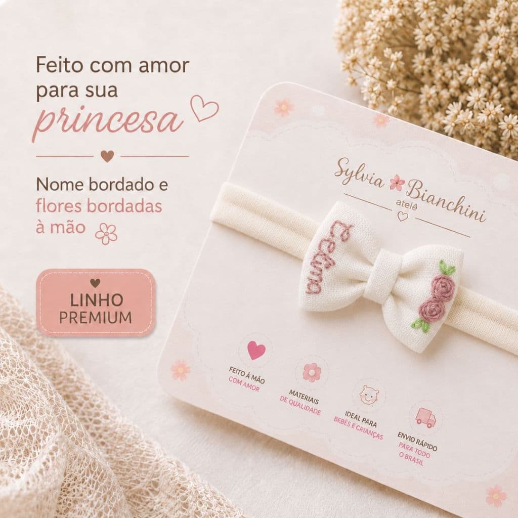 Laço Linho Bordado Com nome | Personalizado Infantil | Na Faixinha ou Bico de Pato