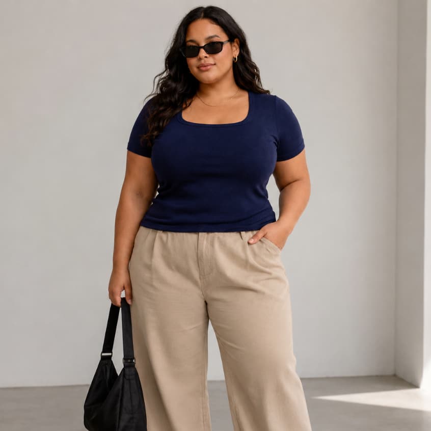 Blusa Feminina Ribaninha Canelada Decote Quadrado Manga Curta Plus Size Casual Básica Slim Conforto Moda Jovial