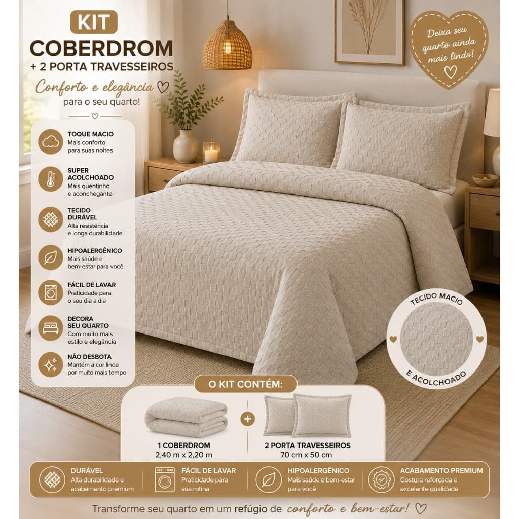 Kit Coberdrom + Porta Travesseiro Habitat  Fronha Ultrasonic Com Toque Aveludado 100% Poliéster
