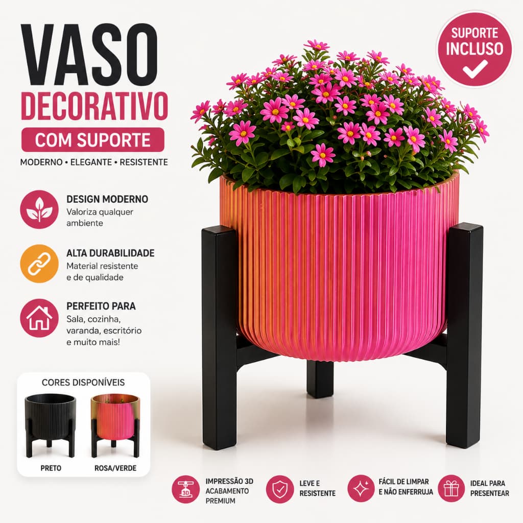 Vaso Decorativo com Suporte para Plantas Cachepô Moderno 3D para Sala Cozinha Escritório Suculentas e Flores