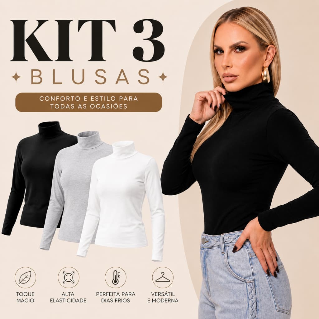 KIT 3 Blusas Femininas Cacharrel Manga Longa Gola Alta Poliamida ou ribana canelada moda casual