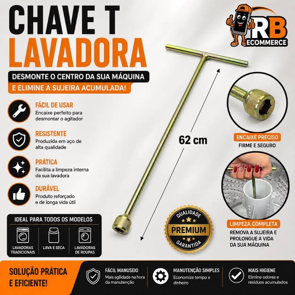 Chave T 10mm Longa 62cm para Maquina de Lavar Agitador Brastemp Electrolux uso universal