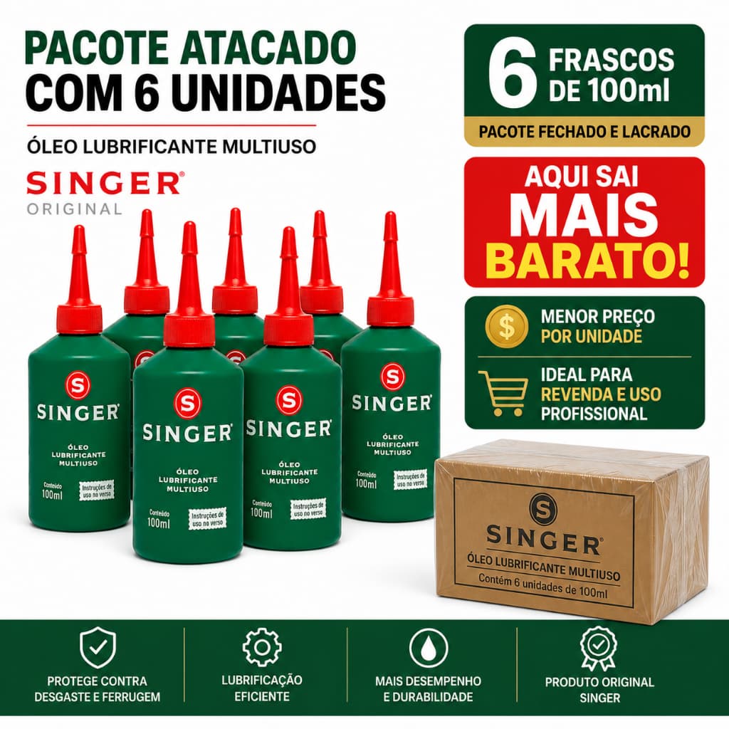 Kit Atacado Óleo Singer Original 6 Frascos 100ml Lubrificante Multiuso Pacote Lacrado