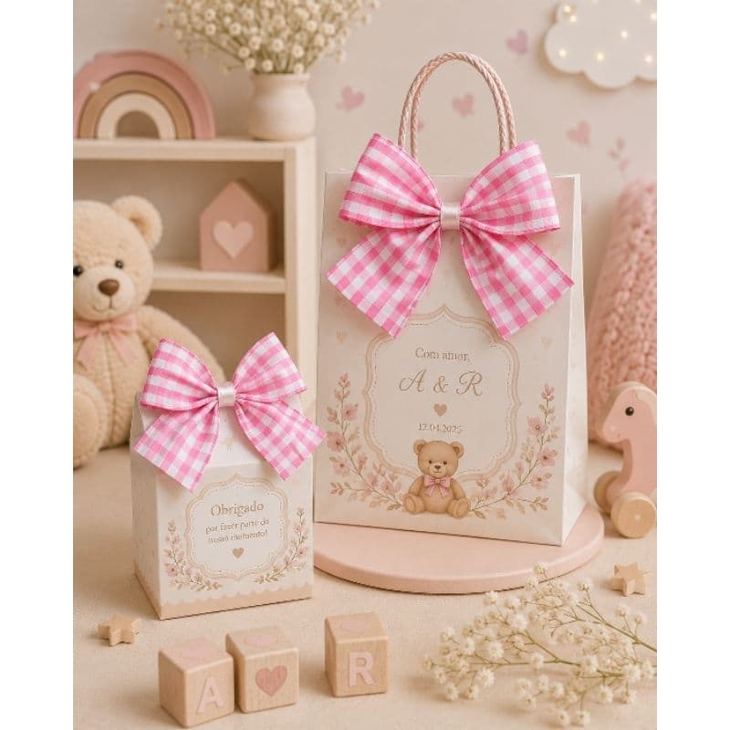 ⭐ Laço Xadrez Poliéster Rosa Pink para Lembrancinhas e Embalagens – 8x8cm - Envio Imediato