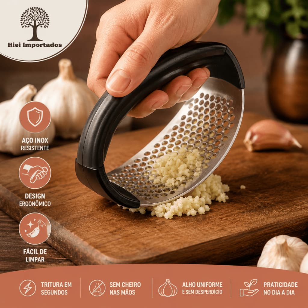Amassador de Alho em Aço Inox Manual Triturador Profissional Ergonômico Esmagador Espremedor