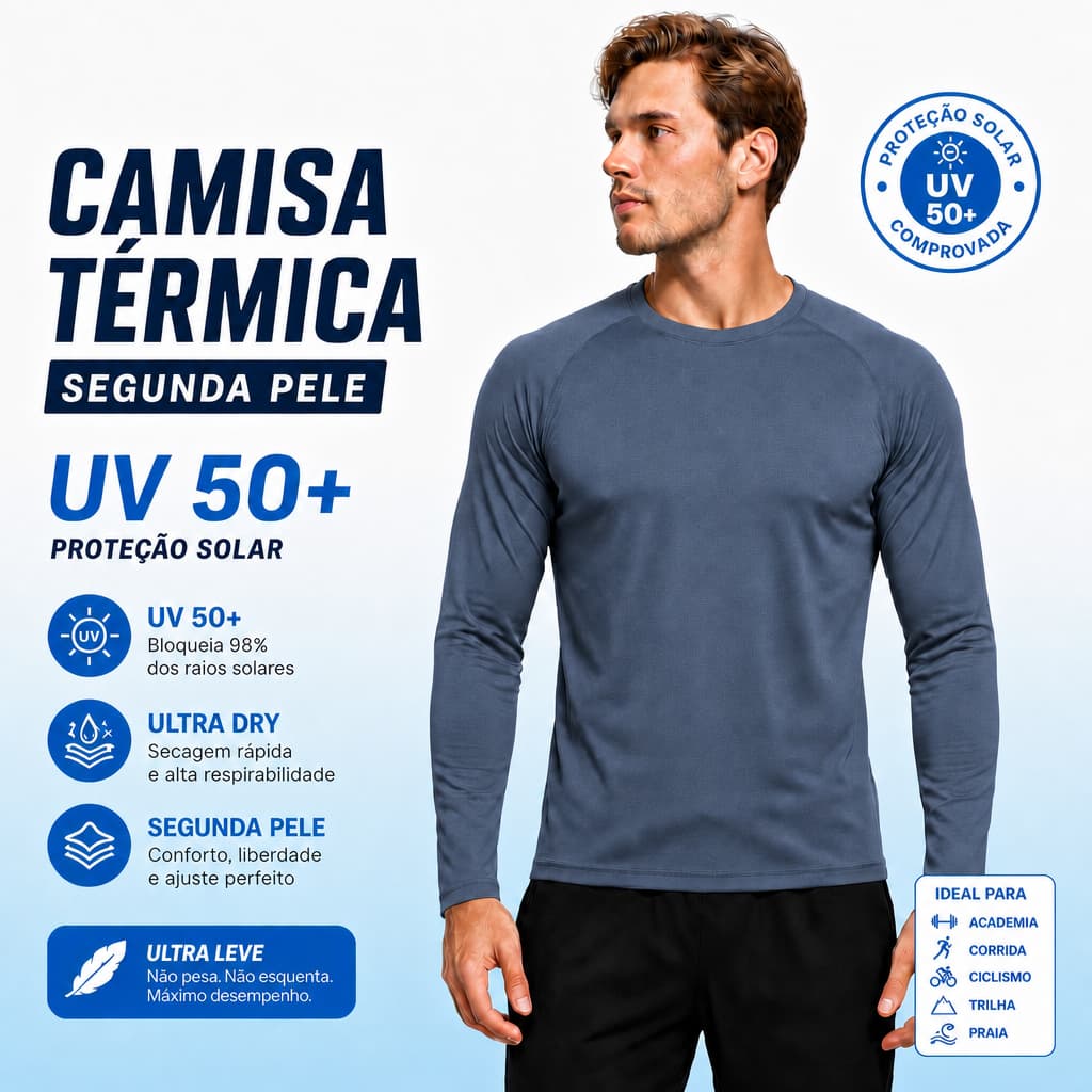 Camisa Térmica Segunda Pele UV Masculina - Manga Longa Respirável Ultra Dry