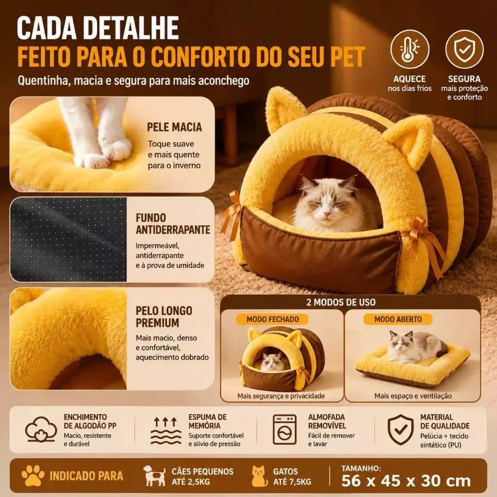 Cama Pote Mel Pequena, Toca Fofa Gato Cachorro, Edição Upgrade 2026 com Almofad a Grossa e Base Antiderrapante 56*45*30