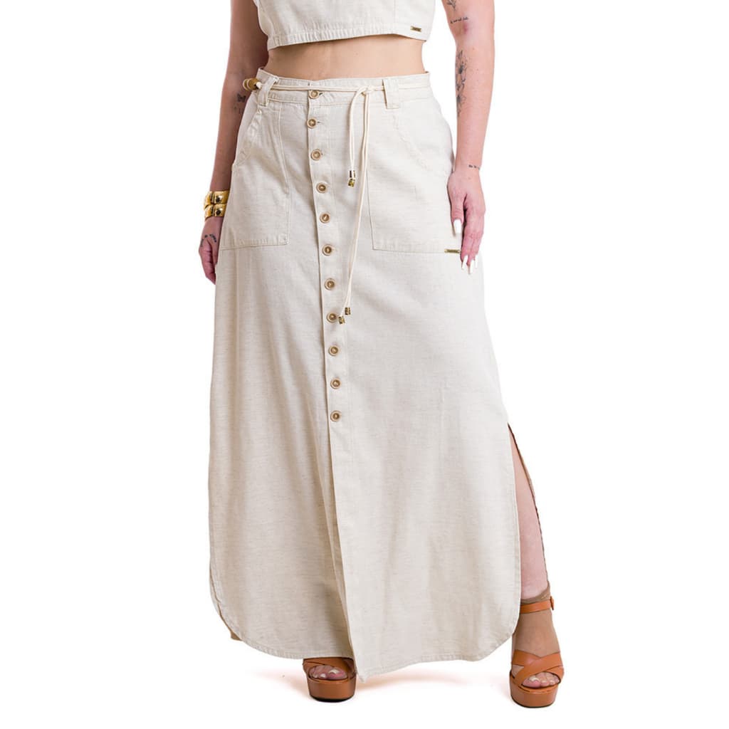 Saia Longa Plus Size De Linho Premium Com Cintinho e Fendas Elegante Social