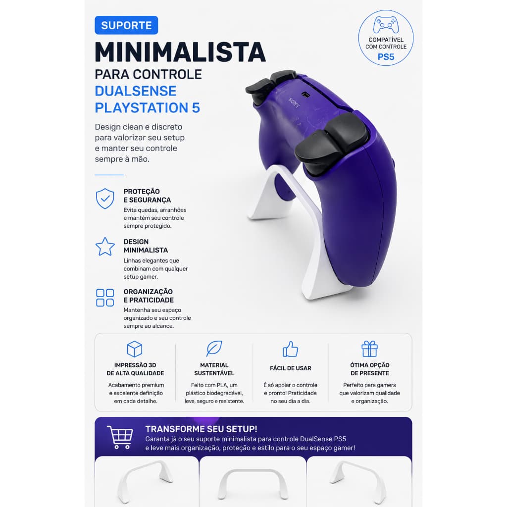 Suporte Minimalista para Controle DualSense PlayStation 5 (Praticamente Invisível)