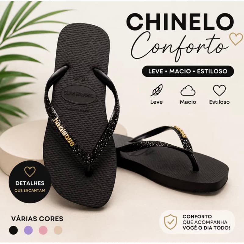chinelo feminino casual detalhe nas tiras com glitter muito leve confortável