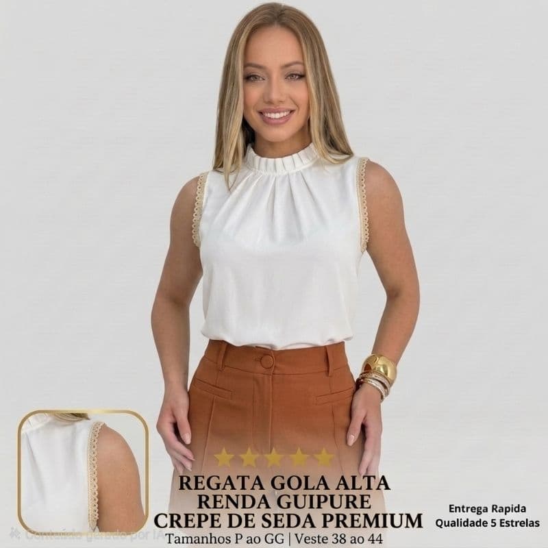 Blusa Regata Feminina Gola Alta Plissada Crepe De Seda Com Renda Social Premium Moda Evangélica Executiva Elegante