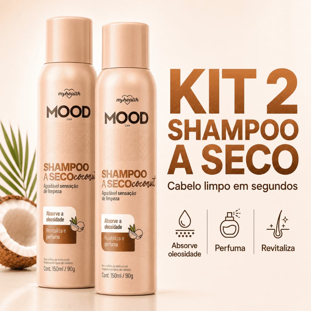 Kit 2 Shampoo a Seco MOOD Coconut 150ml Controle Oleosidade Perfume Cabelo Limpo Fresco Revitalizado
