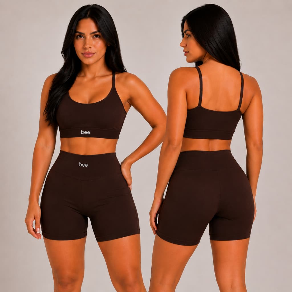 Conjunto Fitness Feminino Bee Basic Cropped com Bojo e Short Cós Alto Compressão Academia Treino Sem Transparência