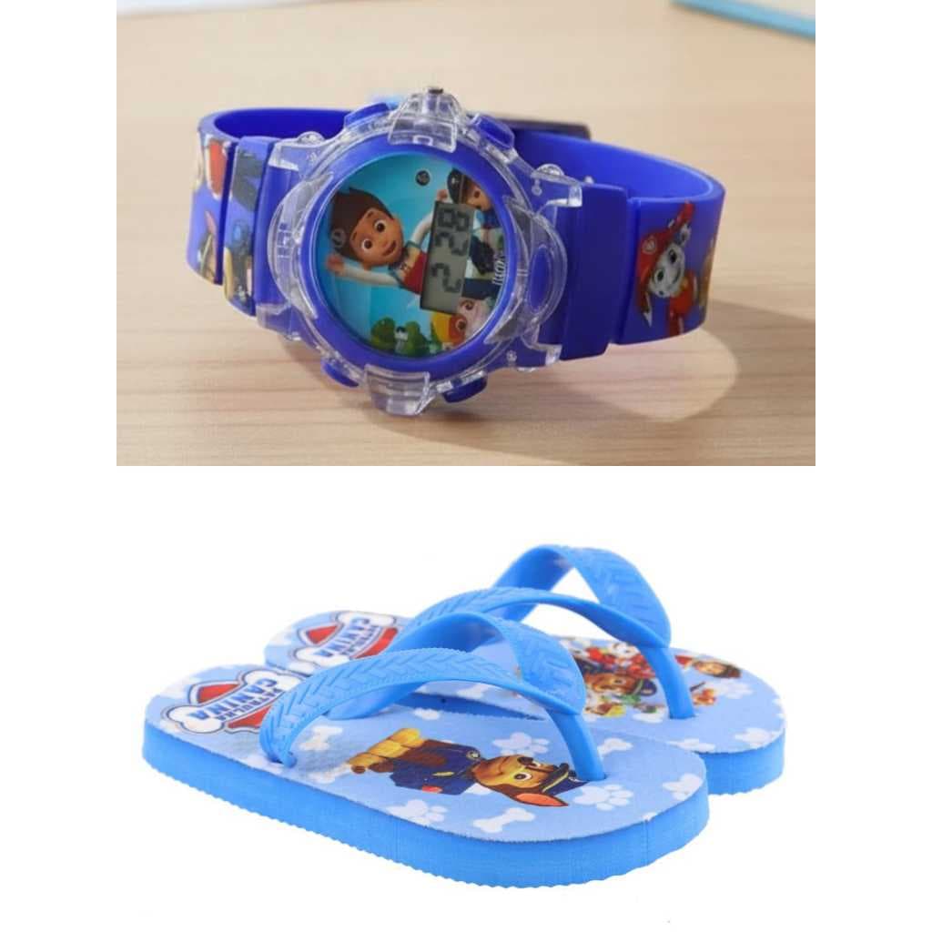Chinelo e relógio musical digital com led patrulha canina novidade para você presentear seu filho, lançamento.