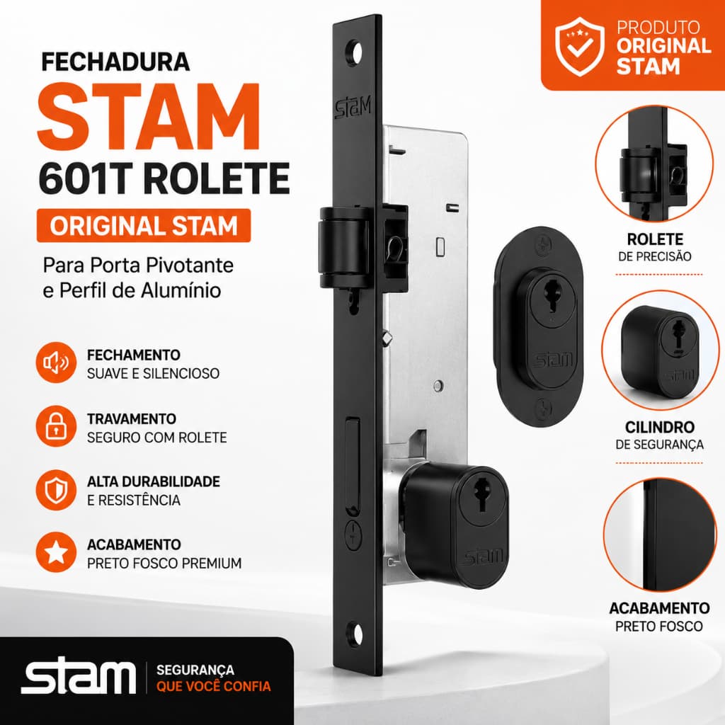 Fechadura Stam 601T Rolete para Porta Pivotante Perfil de Alumínio Preta Original