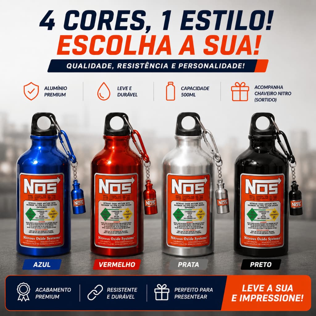 Garrafa Alumínio Estilo Nitro NOS 500ml Velozes e Furiosos com Chaveiro Exclusivo