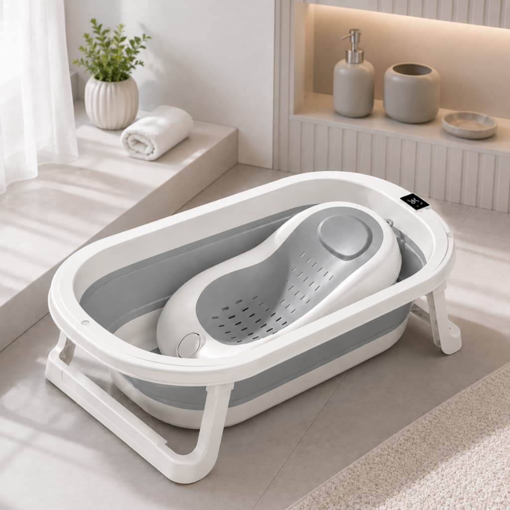 Banheira de Bebê Dobrável Portátil Sensor Temperatura Retrátil Menino Menina Compacta Segura