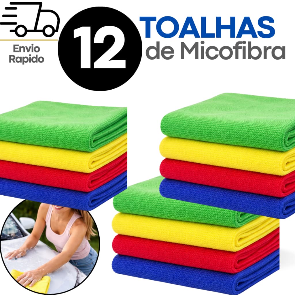 Kit 12/6/2 Panos de Microfibra 30x30 Multiuso Alta Absorção Limpeza Casa Carro