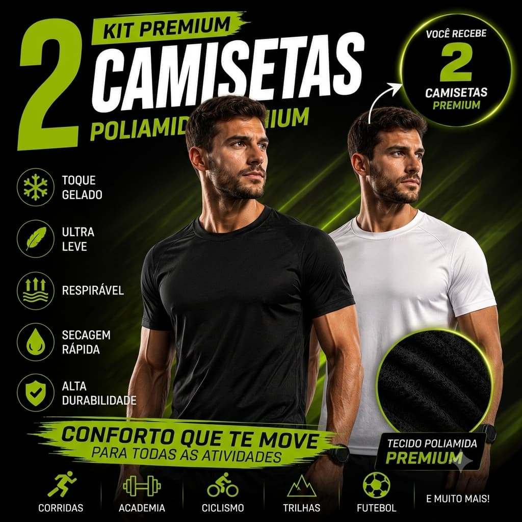 Kit 2 Camiseta Poliamida Premium Toque Gelado Secagem Rápida Academia, Corrida e Fitness