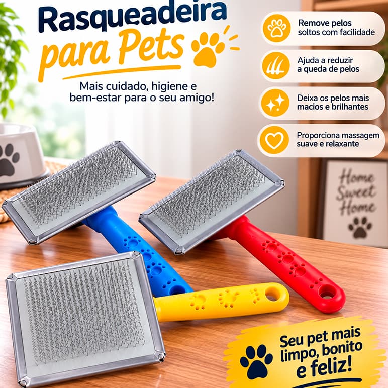 Escova Rasqueadeira Aço Patinhas Tira Pelos Pet Cães e Gatos