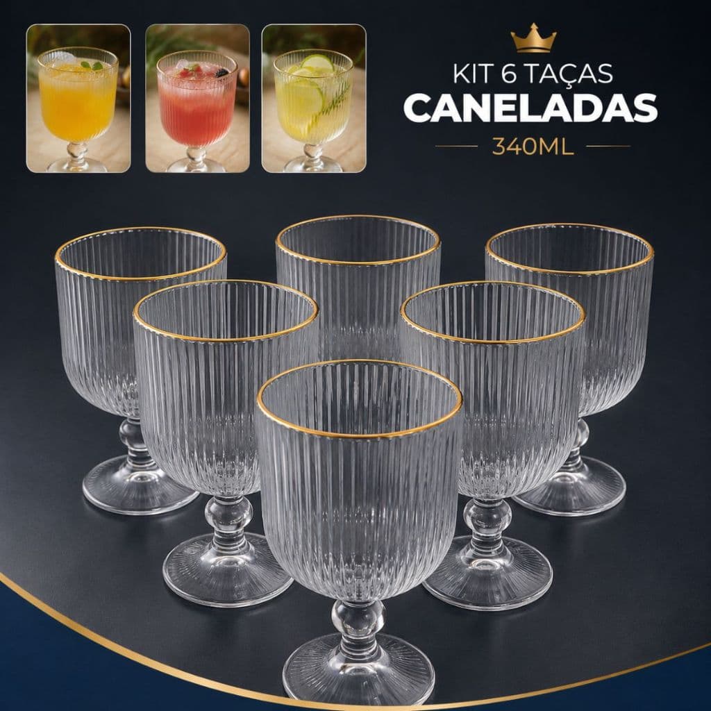 Jogo 6 Taças De Vidro Canelada 340ml Borda Dourada Para Suco Versalhes Linha Gold Fio Dourado Cristal