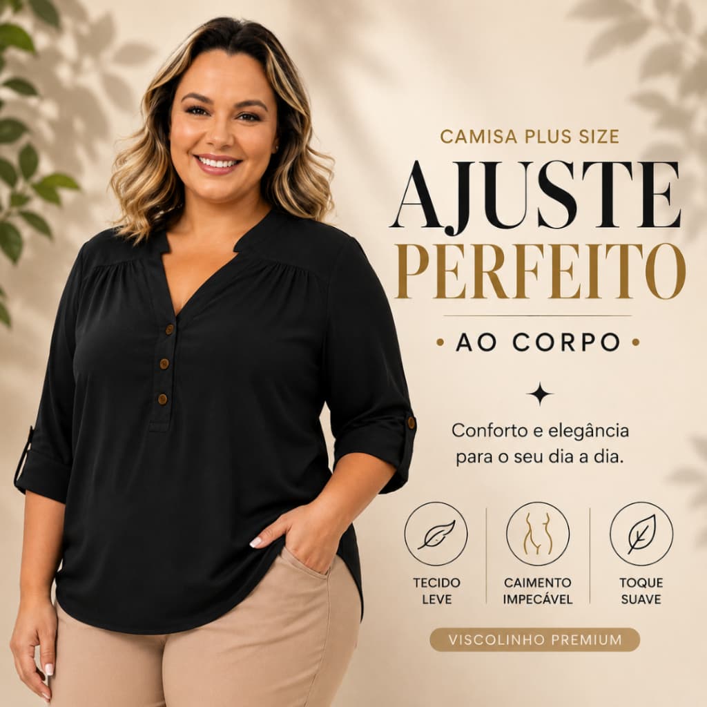 Camisa Social Feminina Plus Size com Botões e Manga 3/4