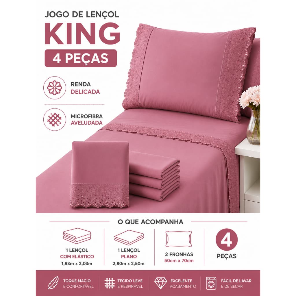 Jogo de Lençol King Size 4 Peças com Renda Microfibra Aveludada Toque Macio La Dotta Cobre Leito e Fronhas