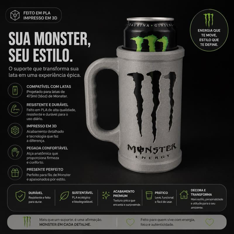 Copo Monster Caneca Suporte + abridor de lata logo monster
