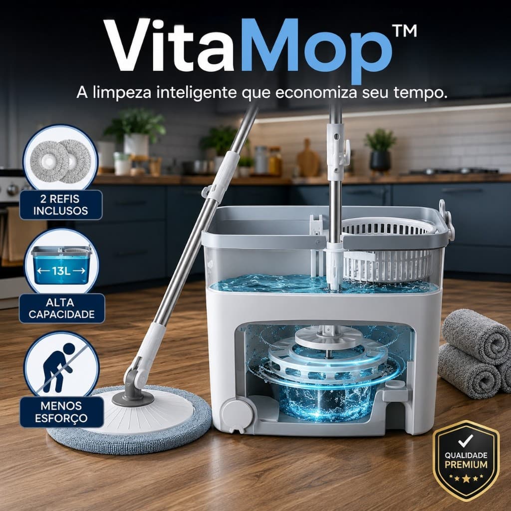 Mop Giratório VitaMop com Balde Alta Capacidade 2 Refis Microfibra Limpeza 360°