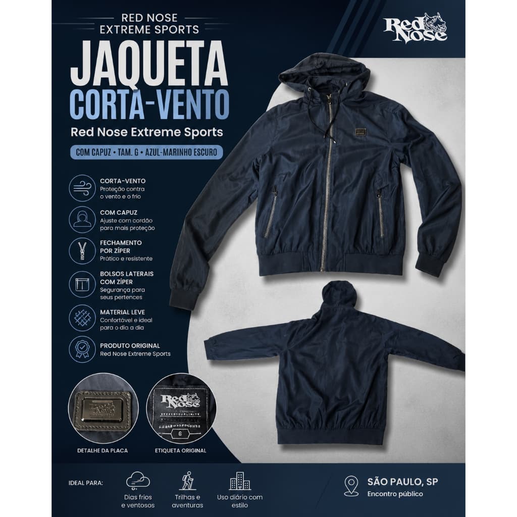 Jaqueta corta-vento Red Nose Extreme Sports com capuz (tam. G) azul-marinho escuro (c/ zíper)