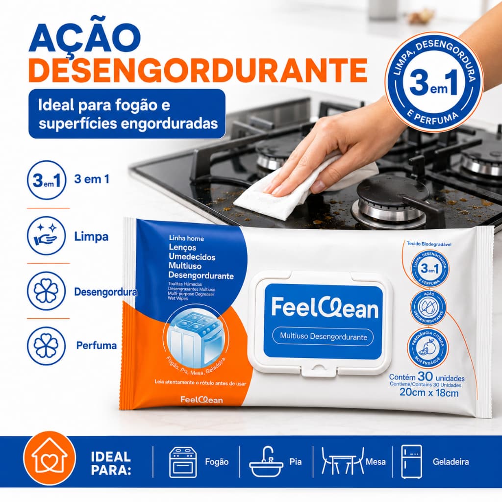 Lenços Umedecidos Multiuso Desengordurante FeelClean 30un | Limpa Desengordura e Perfuma