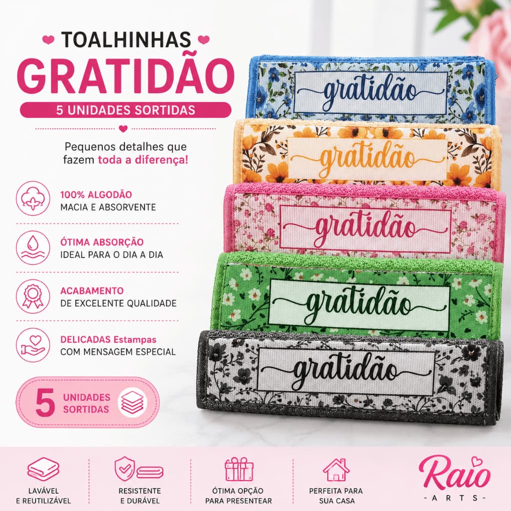 Kit 5 Toalhinhas Gratidão Sortidas 23x36cm Lembrancinha para Igrejas Empresas Presentes