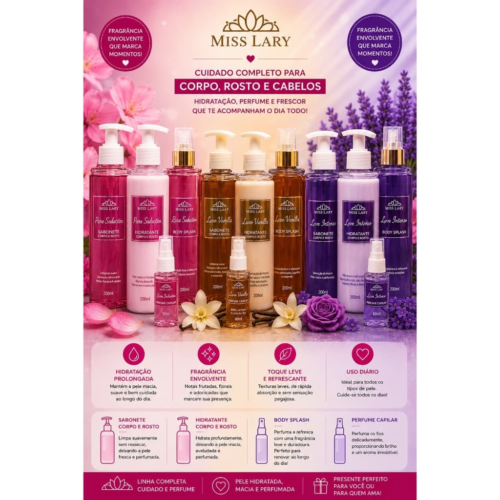 Kit Miss Lary Sabonete Hidratante Body Splash Perfume Capilar