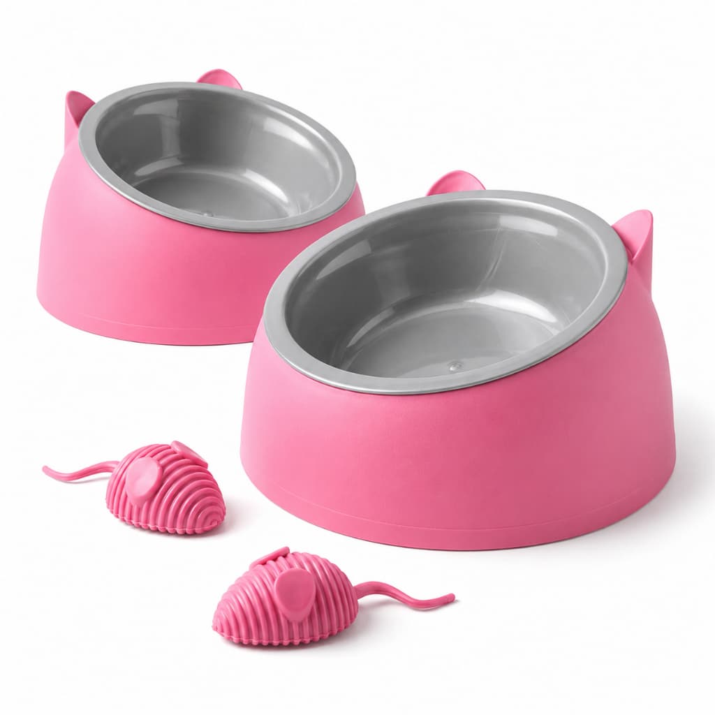 Kit Comedouro e Bebedouro para Gatos Ergonômico Elevado Anti Refluxo Plástico 2 Tigelas + Ratinhos