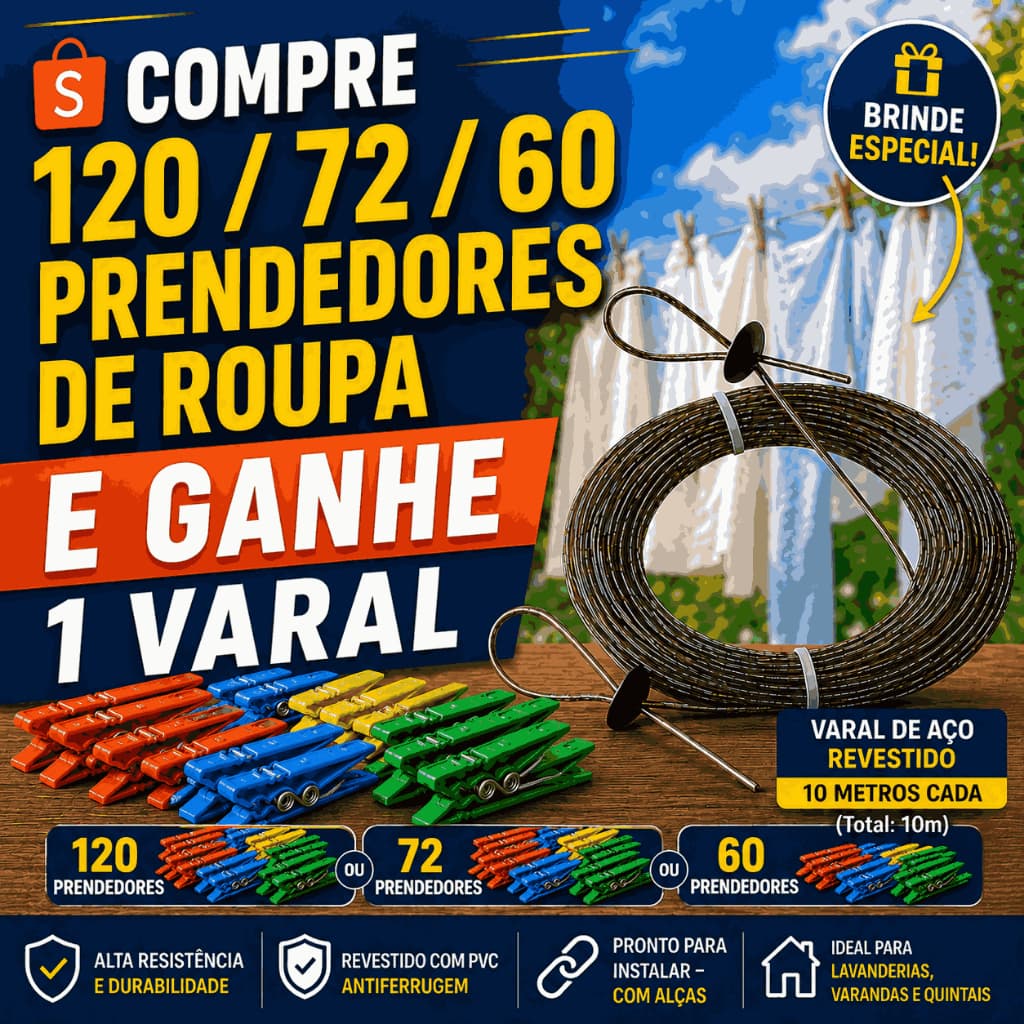 KIT PRENDEDORES DE ROUPA 120/72/60 EM PLÁSTICO REFORÇADO, CORES SORTIDAS + GANHE 1 VARAL DE AÇO REVESTIDO 10M