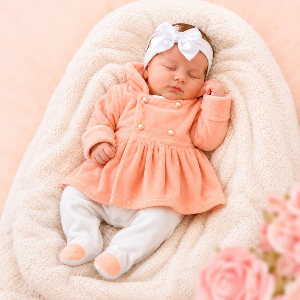 Macacão Para Bebê Menina de Plush Longo Eloa Rosê - 03 Peças