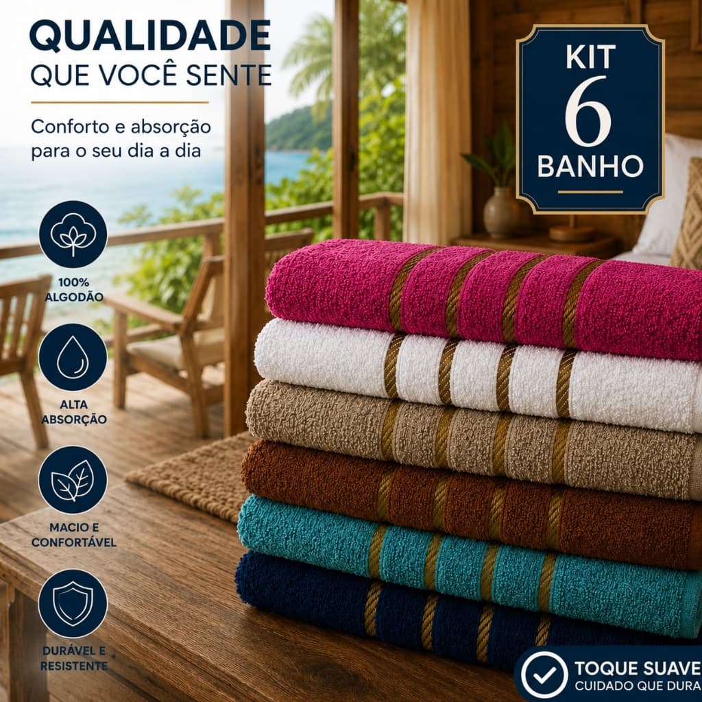 Kit 6 Toalha de Banho Macia Premium 100% Algodão Cores Sortidas