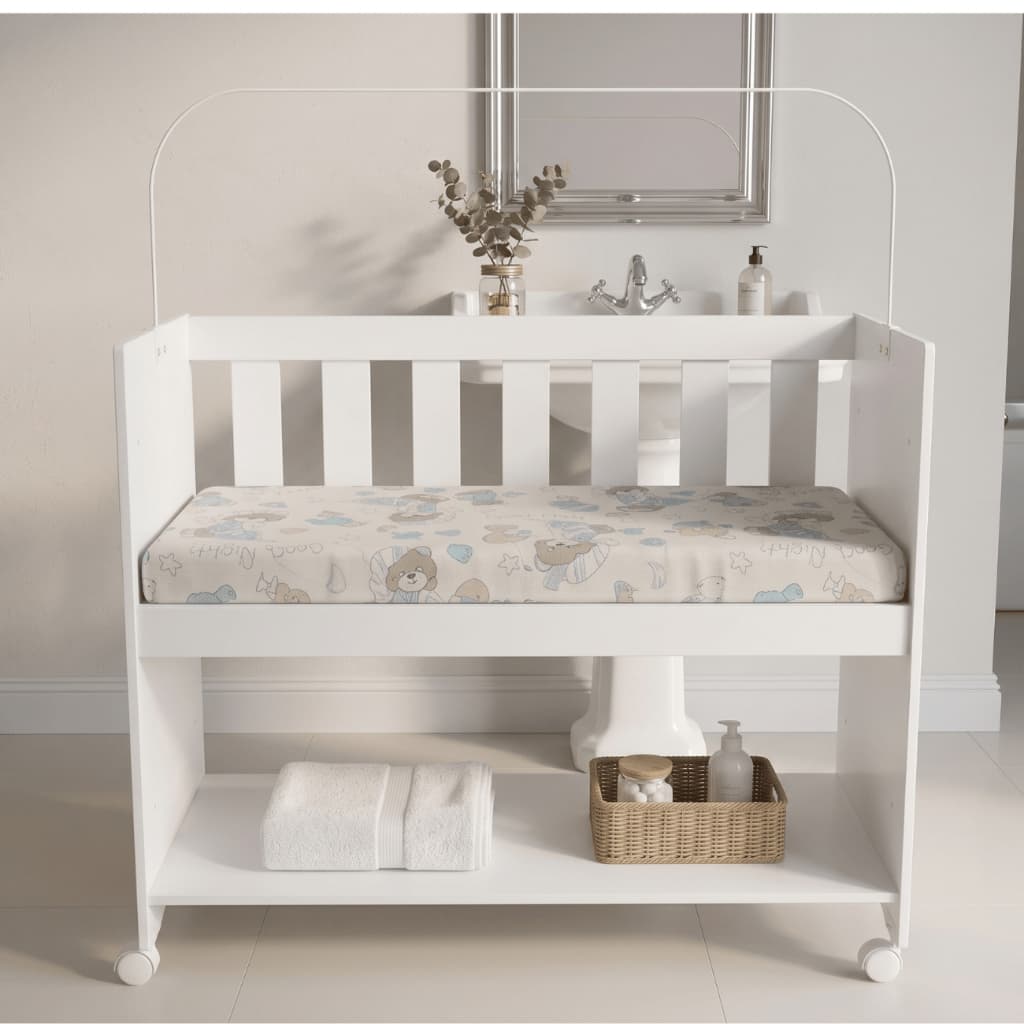 OFERTA Mini Berço 5 em 1 Branco Madeira Colchão D18 Rodízios Trava Mosquiteiro Bebê Portátil Quarto