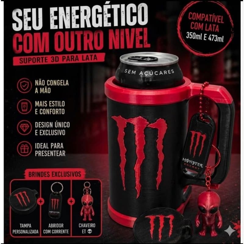 Suporte para Lata de Energético + Tampa + Abridor + CHAVEIRO