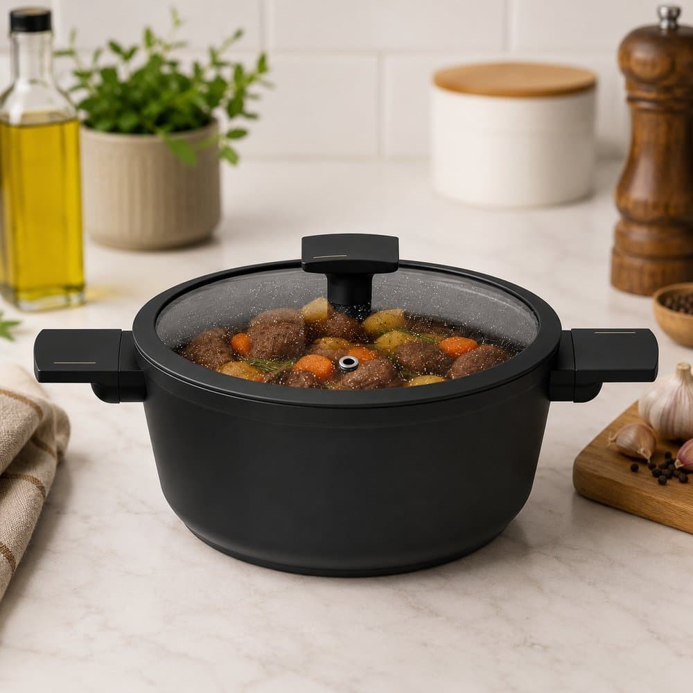 Panela Caçarola Antiaderente Tampa de Vidro Duas Alças Max Black 24cm Fogão Gás Indução Elétrico Vitrocerâmico - Preta