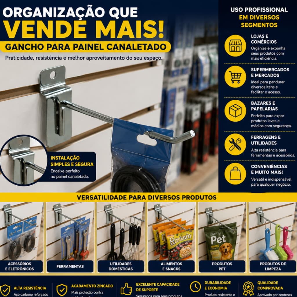 250 Ganchos Expositores de Prata Para Painel Canaletado - Todos Os Tamanhos