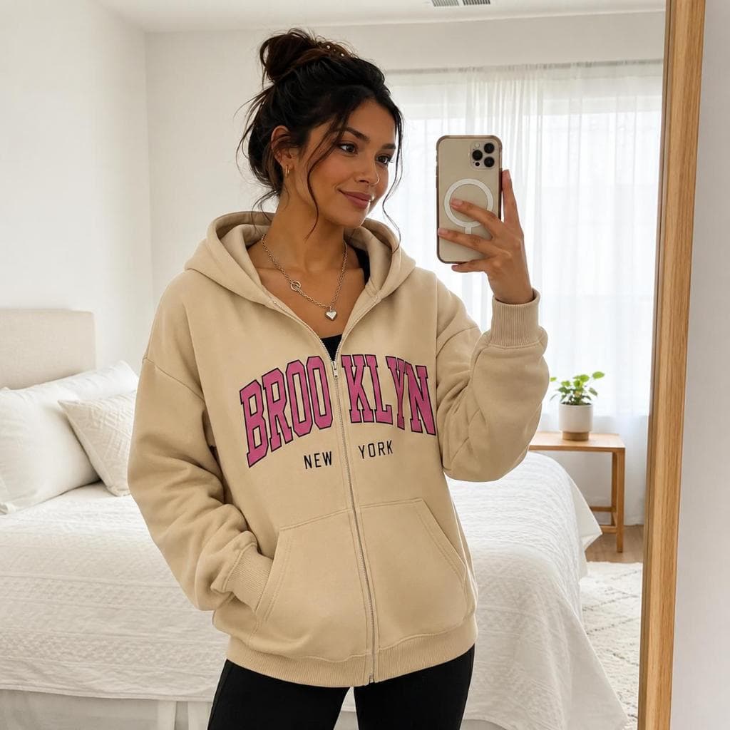 Moletom Feminino com Zíper Brooklyn Flanelado com Capuz Jaqueta Estilosa Feminina Casaco de Frio Canguru Envio Imediato