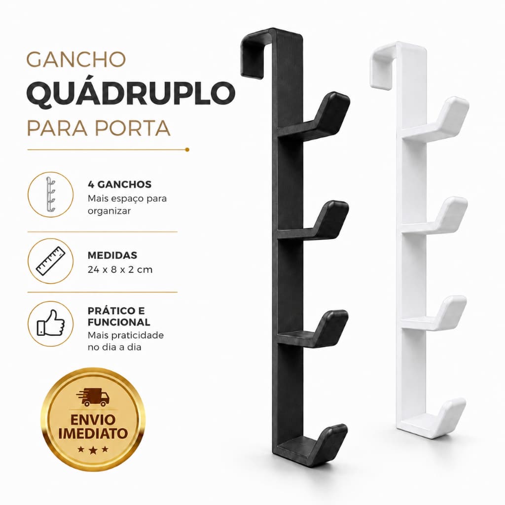 Gancho Quadruplo Para Porta Suporte Cabideiro Organizador Roupas Bolsas Preto Branco Envio Imediato