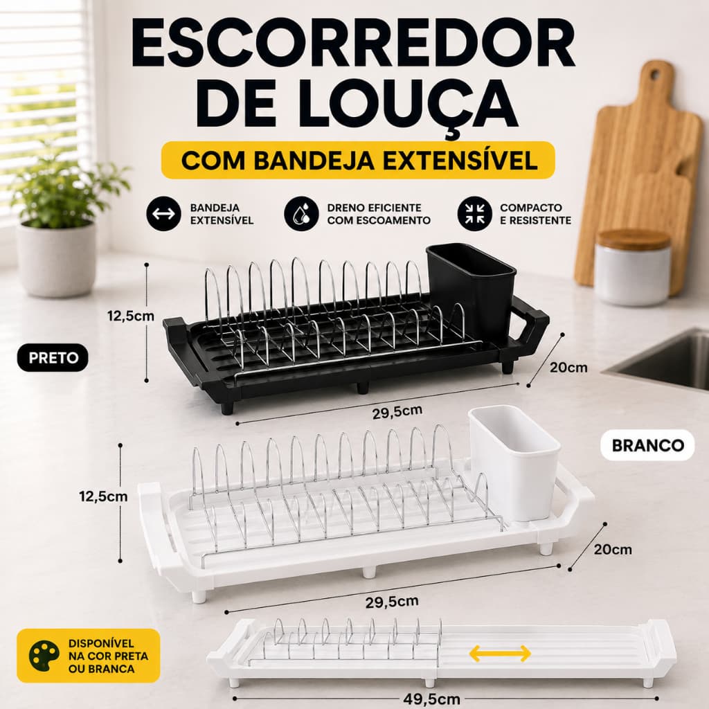 escorredor de louça com bandeija extensivel preto e branco cozinha,louça